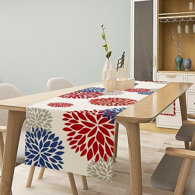 4th of July Table Runner, Blue Red Dahlia Flower American Patriotic Memorial Day Table Runner for Farmhouse Kitchen Dining Table Party Decor, 13x120inch