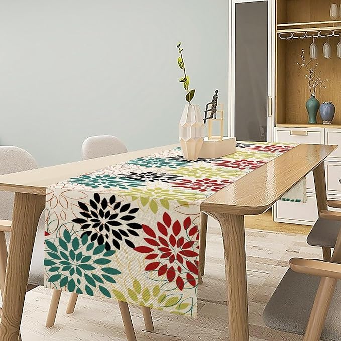 Abstract Red Dahlia Vintage Table Runner, Geometric Lines Mid Century Vintage Modern Colorful Table Runner for Party Kitchen Dining Living Room Laundry Room Decor, 13x120 Inch