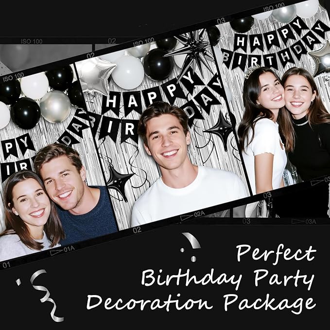 28th Birthday Decorations for Men Women, Black Silver Happy Birthday Party Decorations， 28 Year Old Party Supplies with Number 28 Balloons, Banner, Fringe Curtains Kit