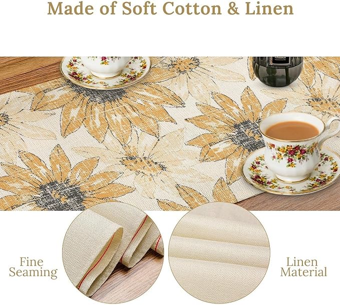 Chrysanthemum Vintage Floral Table Runner, Elegant Grunge Orange Sunflower Spring Summer Elegant Pattern Artichokes Flower Table Runner for Party Kitchen Dining Living Room Decor, 13x70 Inch