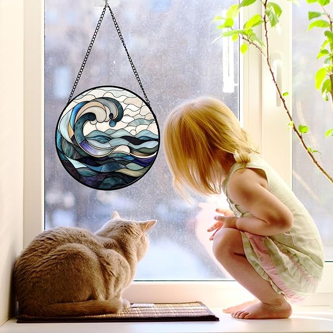 Stained Glass Window Hanging, Ocean Waves Sun Catchers Diamond Glass Panel Hangings Abstract Suncatcher Decor for Birthday for Women, Men, Wife, Aunt, and Mom 7.8 in