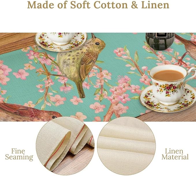 Table Runner with Flowers and Birds, Spring Plant Flowers Table Decoration Linen Table Runner Family Party Party Decorations 13x90 Inches
