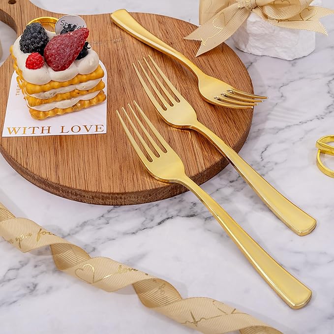 bUCLA 600PCS Gold Plastic Forks - 7.4inch Heavy Duty Plastic Forks Bulk Disposable for Party - Gold Silverware,Ideal for Weddings&Daily Using