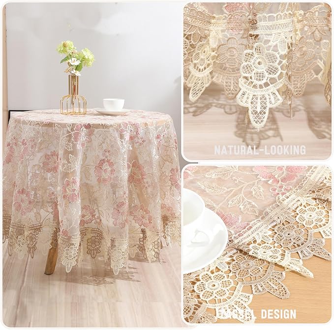 Round Embroidered Lace Tablecloth Vintage Decorative Exquisite Border Table Cover for Party Wedding Home Decorations, Round-60, Pink