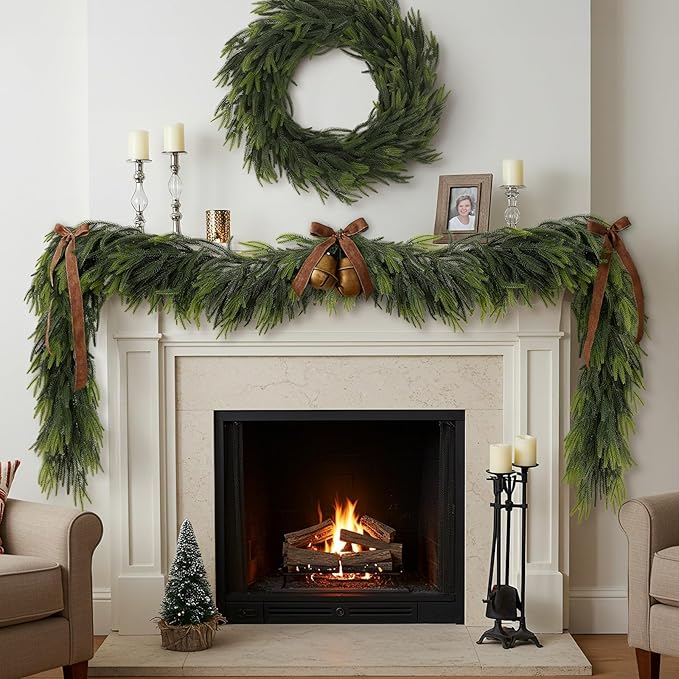 N&T NIETING 2 PCS Christmas Garland Norfolk Pine Garland Real Touch Faux Christmas Greenery Xmas Garland for Mantle, Table Holiday Winter Indoor Outdoor Christmas Decorations (9 FT)