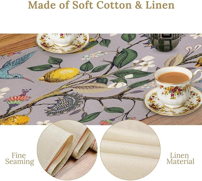 Table Runner with Flowers and Birds, Spring Plant Flowers Table Decoration Linen Table Runner Family Party Party Decorations 13x60 Inches