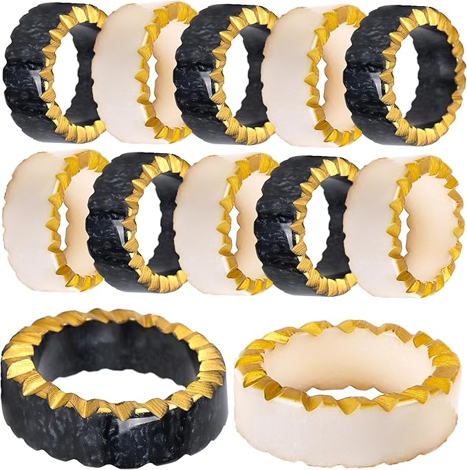 Epoxy Resin Napkin Rings Set of 12 - Rustic Napkin Holders for Dining Tableware, Dinning Table, Everyday, Wedding, Anniversary Festival Thanksgiving Party of Table Setting (Black White) - CLEENTABLE