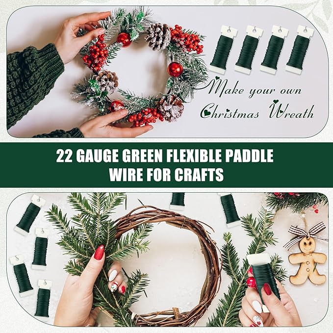 Ferraycle 36 Pack Green Floral Wire 38 Yards 22 Gauge Flexible Paddle Florist Christmas Green Wire for Crafts Christmas Wreaths Tree Garland and Floral Flower Arrangements