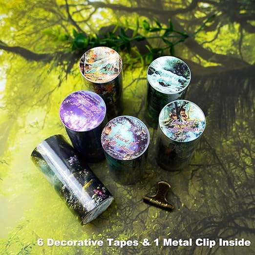 Forest-Themed Seamless Washi Tape Scrapbook Kit – 6 Rolls with Cottage, Waterfall & Fairy Forest Designs for Journaling, DIY Crafts, Gift Wrapping, Card Making and Decoration
