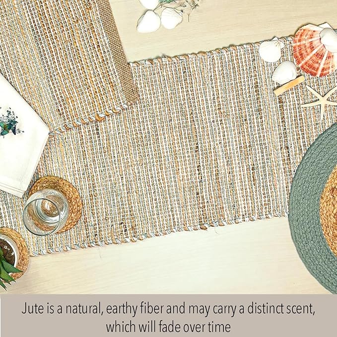 Chardin home Natural Jute Table Runner 13x48 Inch – Vintage Boho Rustic Table Decor – Handwoven Table Runner in Natural Jute and Sage Green-White – Farmhouse Dining or Console Table Accent