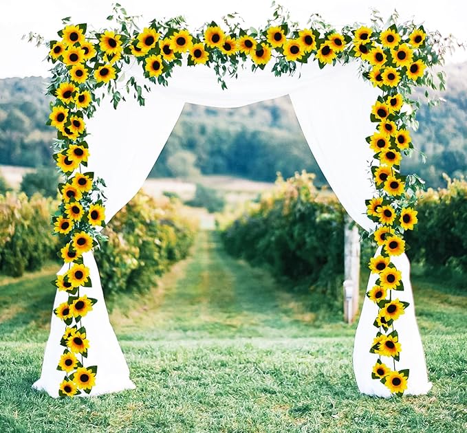 Uieke 3 Pack 7.5ft/Pcs Artificial Sunflower Garland Hanging Sunflower Vines with Green Leaves,Silk Flowers for Home Room Kitchen Garden Wedding Arch Bridal Baby Shower Party Outdoor Decor Medium