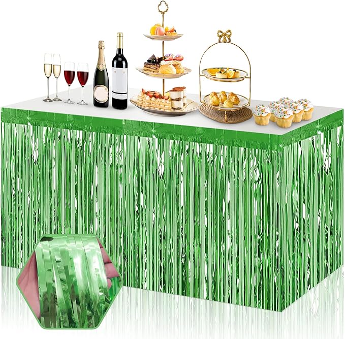3 Pack 29x108 Inch Light Green Foil Fringe Table Skirts Metallic Banner for Tinsel Streamer Garland Backdrop for Parade Floats Wedding Thanksgiving Birthday Christmas Halloween Party Decoration