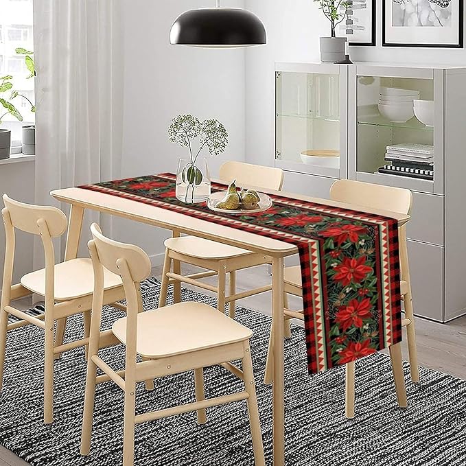 Christmas Table Runner,Seasonal Winter Xmas Holiday Plaid Table Cloth Kitchen Dining Table Decoration for Home Party Decor 13x60 Inch