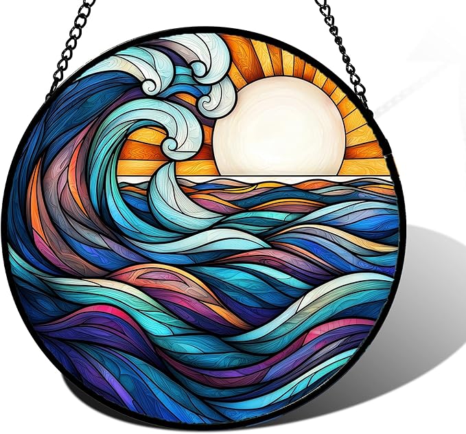 Stained Glass Window Hanging, Big Wave Sun Suncatcher Diamond Glass Panel Hangings Abstract Sun Catchers Decor for Birthday for Women, Men, Wife, Aunt,and Mom 6.3X6.3IN