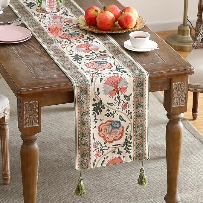 ISAENNE Designer Vintage Linen Extra Long Table Runner 118 Inches,Elegant Floral Pattern Wrinkle Resistant Table Runners for Dining Tables,Thanksgiving,Kitchen Tables,Christmas,12"*118"-Daffy B