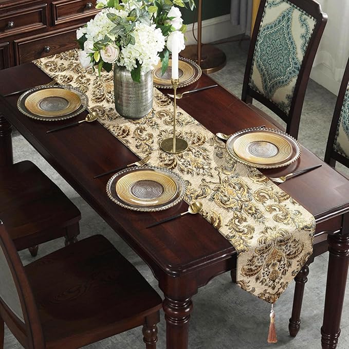 Luxury Table Runner Chenille Embroidered Jacquard Triangle with Pretty Tassels - Beige 13x60 inches