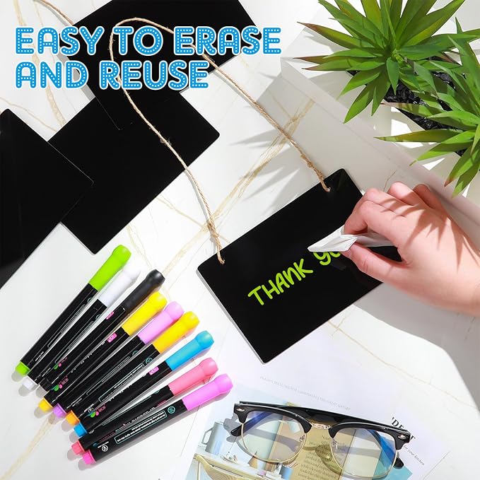 12 Pcs 4 x 6 Acrylic Chalkboard Hanging Sign with Chalk Markers Chalk Board Signs with Hanging String for Wedding Kitchen Home Party Decoration (Rectangle)