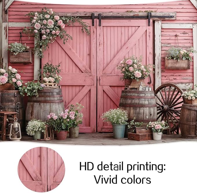 8x6ft Country Wedding Pink Photography Backdrop Rustic Wooden Barn Door Photography Backdrop Farmhouse Flower Western Girl Birthday Baby Shower Wedding Bridal Party Banner Photo Booth Props Background