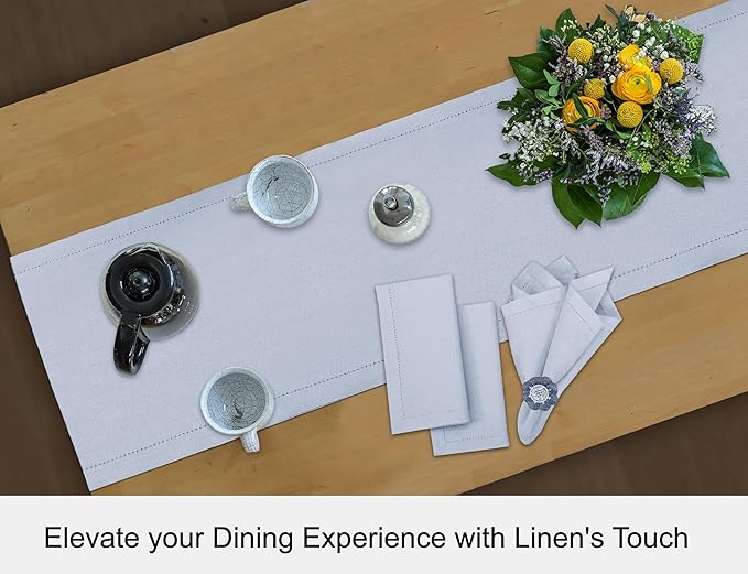 Ruvanti Linen Table Runner 120 Inches, Classic Hemstitch, Washable, Reusable, Non-Slipping, Stain Resistant- Perfect for Parties, Weddings, Dinners, Thanksgiving, Christmas, Indoor use – Arctic Ice