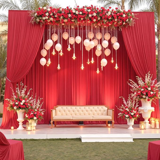 50ft x 15ft Red Wrinkle Free Backdrop Curtains for Parties,Silky Polyester Fabric Wedding Ceiling Drapes, 10 Panels 15ft Photo Back Drop Drapes for Baby Shower Photography Stage Background Cloth