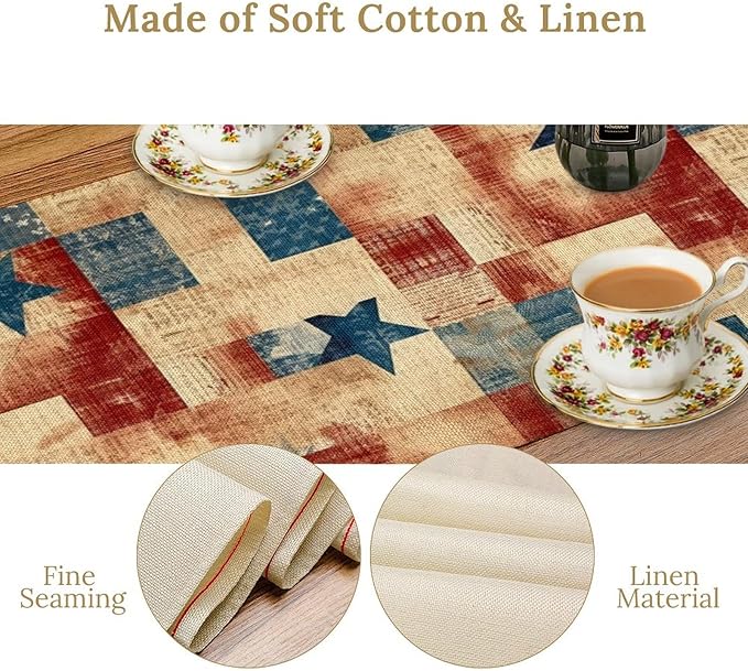 4th of July Table Runner, Rustic Vintage Country Red White Blue American Stars Independence Day Print Table Cover for Farmhouse Kitchen Dining Table Decor, 13x60inch