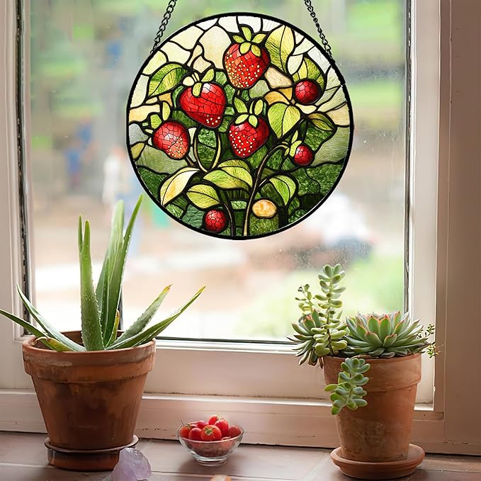 Stained Glass Window Hanging - Red Strawberry Suncatcher for Doors Window Home Green Plant Sun Catchers Decor Christmas Mother's Day Birthday Gifts for Teacher Women Men Mom Nana 11.8 in
