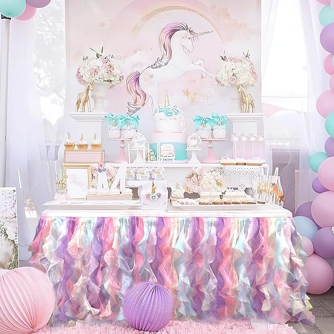 Luxury Organza Mesh Table Skirt Draping Floating Romance - Perfect for Bridal Showers, Birthday Weddings - Clear Flowing Decoration for a Wonderful Main Cake Table (Colorful-6ft, 72" L×30" H)