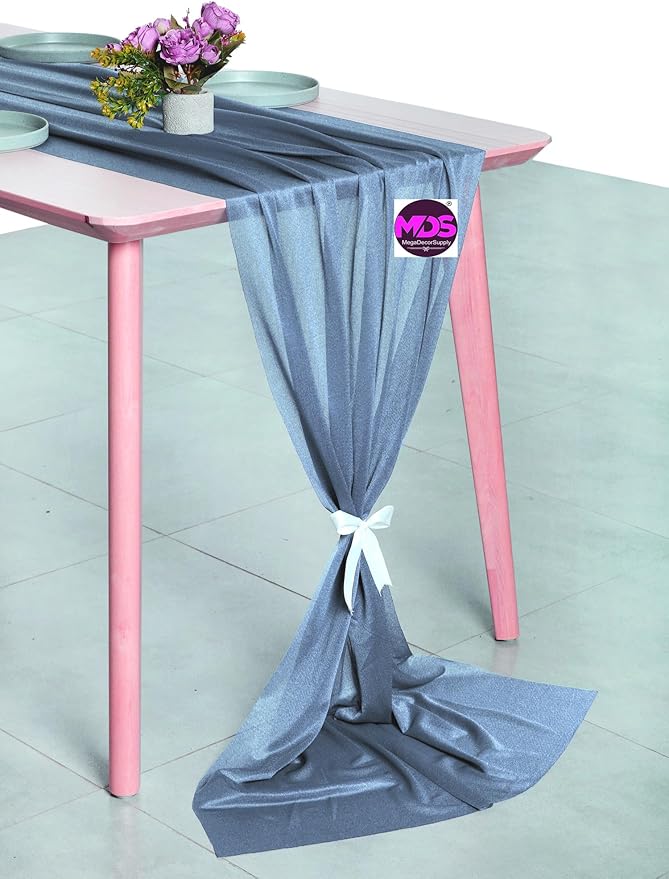 MDS 5 Pack 10ft Chiffon Table Runner 29 x 120 Inches Sheer Wedding Runner Romantic Rustic Table Runner for Wedding Decorations, Birthday Parties, Bridal Shower Party Arch Decor - Dusty Blue