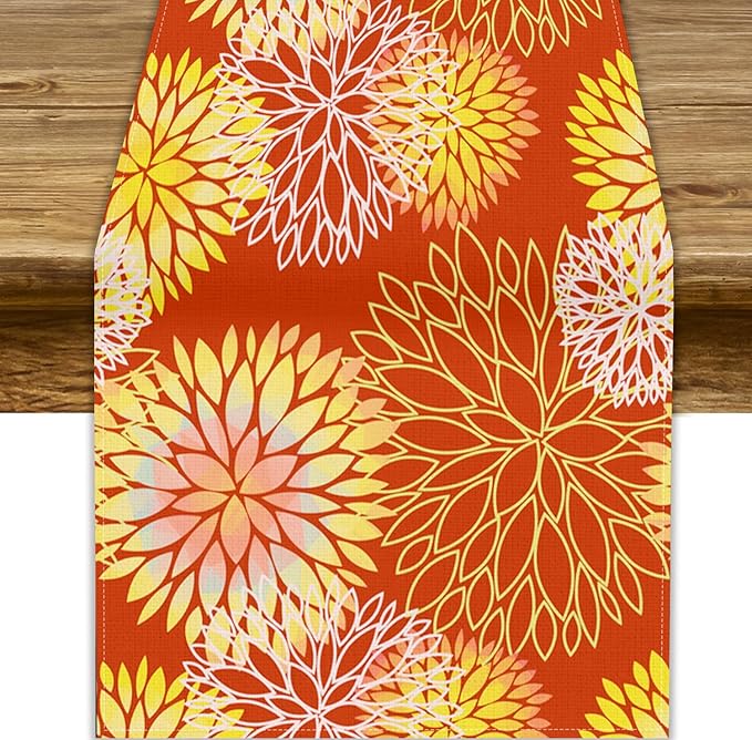 Yellow Floral Table Runner, Chrysanthemum Autumn Spring Summer Vintage Modern Linen Geometric Table Runner for Kitchen Living Room Bedroom Party Holiday, 13x108 Inch