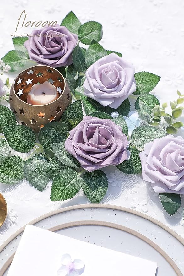 Floroom Artificial Flowers 25pcs Real Looking Lavender African Violet Purple Foam Fake Roses with Stems for DIY Wedding Bouquets Bridal Shower Centerpieces Floral Arrangements Party Tables Decorations