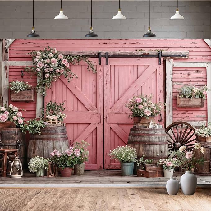 5x4ft Country Wedding Pink Photography Backdrop Rustic Wooden Barn Door Photography Backdrop Farmhouse Flower Western Girl Birthday Baby Shower Wedding Bridal Party Banner Photo Booth Props Background