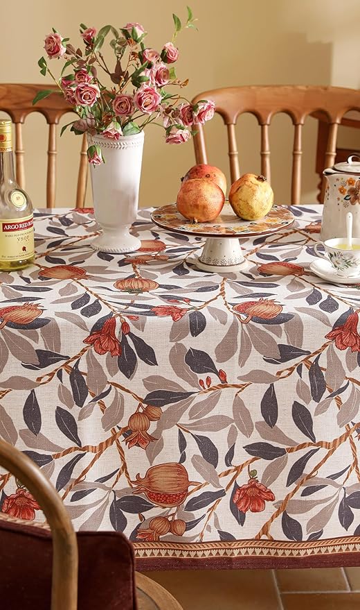 patdrea Designer Brown Tablecloth for Square Table,Linen Pomegranates and Leaves Pattern Tablecloths,Table Cover Cloth Decor for Kitchen Dining Christmas,Thanksgiving,Party,67"x67"-Tehran a