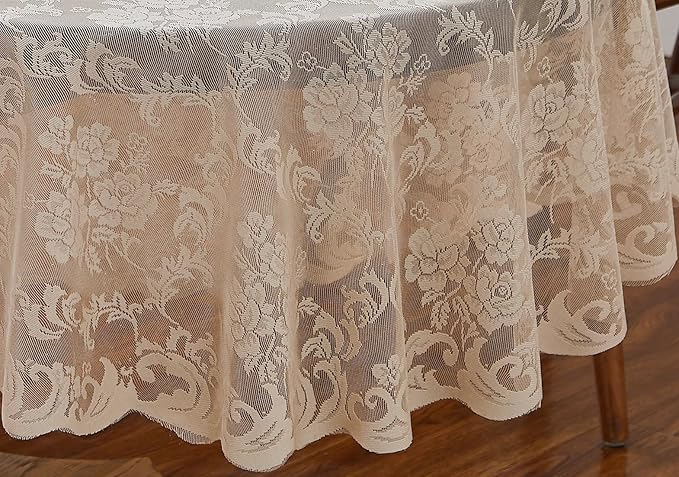 LinenZone Small Linen Round Tablecloth for Rustic Vintage Decor. Sheer Lace Table Cloth Works Great As Wedding Tablecloth or Thanksgiving Table Cover. (Mia 36 Round, Linen)