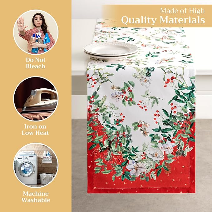Maison d' Hermine Table Runner 100% Cotton Double Layer Table Runners 108 inches Long for Thanksgiving Christmas Decorations Home Kitchen Dining Party Wedding (Noel, 14.5" x 108")