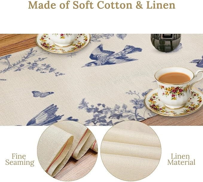 Monochrome Sketch Flowers Bird Table Runner, Seasonal Spring Fall Plants Blue Florals Dinner Runner for Home Kitchen Dining Table Party Holiday Decoration 13"x108"