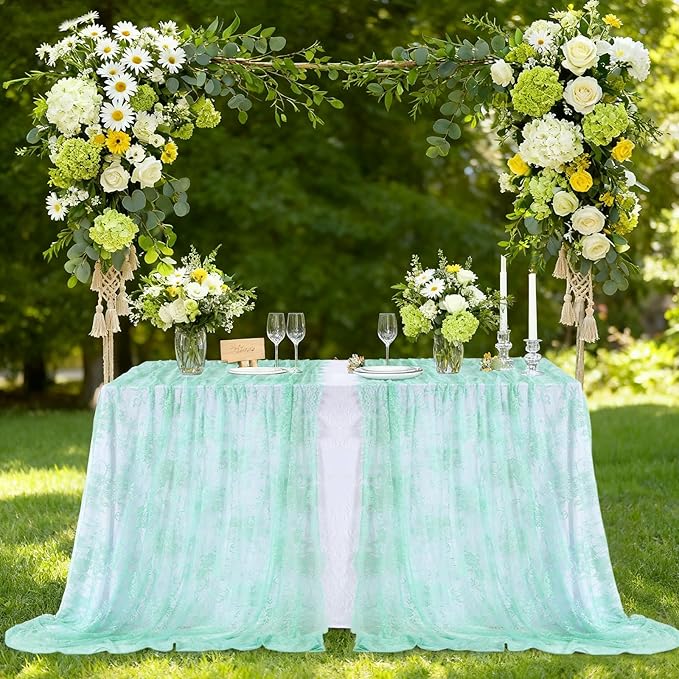 LuoluoHouse Green Lace Tablecloth 6pcs Table Fabric 60x120 Inch for Rustic Wedding Party Decoration Rectangle Overlay Long Embroidered Reception Table Cloth Decor