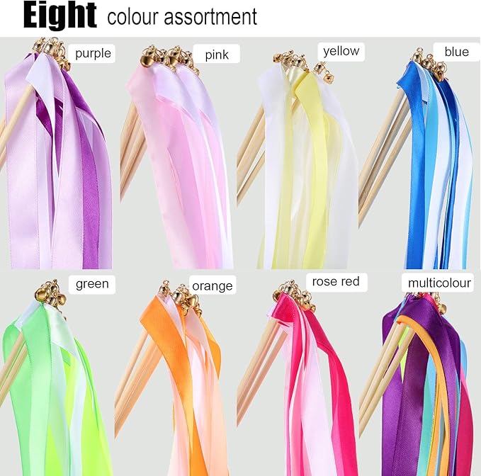 Boao 40 Pieces Mixed Color Ribbon Sticks with Bell, Ribbon Sticks for Stick Party, Streamers for Wedding Birthday Party Celebration Baby Shower Favors(Multicolor)
