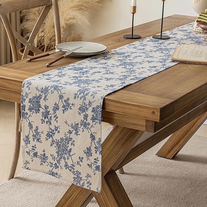 Pastoral Table Runner - 14 x 90 Inch Rectangle - Beige Linen - Washable Tabletop with Dust-Proof Wrinkle Resistant for Restaurant, Picnic, Indoor and Outdoor Dining, Floral (Dark Blue)
