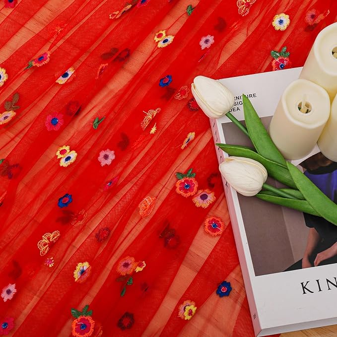 BINBE 12pcs Daisy Fall Table Runner Embroidery Gauze 10FT Florals Seasonal Tulle Holiday Birthday Kitchen Dining Table Decor for Home Party Red