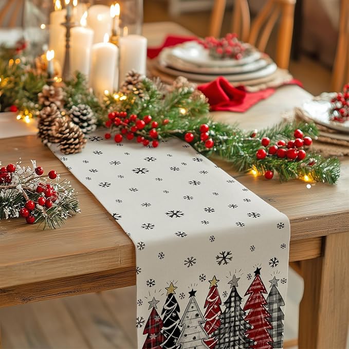 GEEORY Christmas Table Runner 13x36 Inch, Xmas Tees Snowflakes Holiday Decorative Farmhouse Table Decoration for Kitchen Dinning, Indoor Outdoor Dinner Party Decor (Red & Black) GT165-36