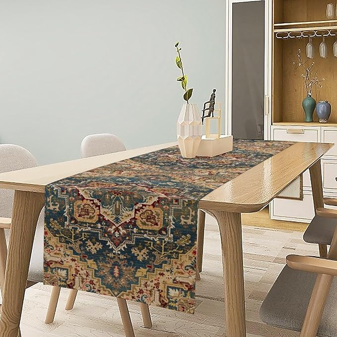 Boho Bohemia Style Table Runner, Country Rustic Farmhouse Vintahe Colorful Geometry Print Table Runner for Home Kitchen Dinner Party Holiday Decor, 13x90inch
