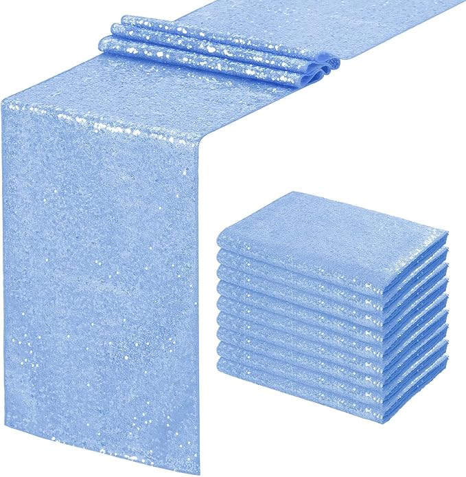 Glitter Sequin Table Runners 10 Pieces 12x108 Inchs Baby Blue Elegant Wedding Sparkly Table Runner Birthday Bachelorette Celebration Decorations Supplies