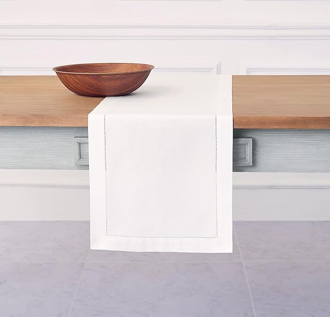 Solino Home White Table Runner 60 Inches - Cotton Linen Hemstitch Coffee Table Runner 14 x 60 Inch Ideal for Dresser Tables - Fall, Autumn, Halloween, Thanksgiving, Christmas, Holiday