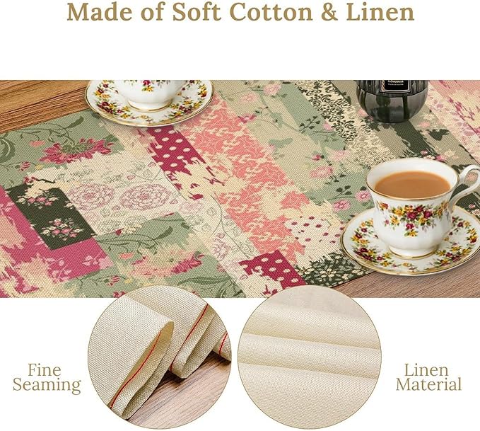 Patchwork Flower Table Runner,Abstract Colorful Floral Retro Style Hand Drawn Tablecloth Burlap for Hotel Indoors Outdoor Dining Room Kitchen Home Decor,W13X L70 in