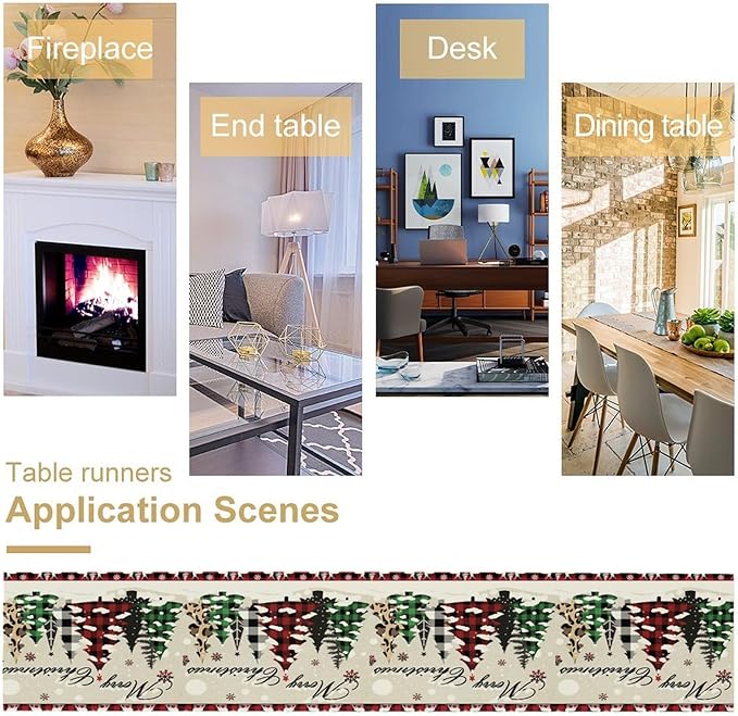 Christmas Tree Table Runner,Farmhouse Xmas Trees Buffalo Plaid Winter Snowflake Tablecloth Burlap for Hotel Indoors Outdoor Dining Room Kitchen Home Decor,W13X L80 in