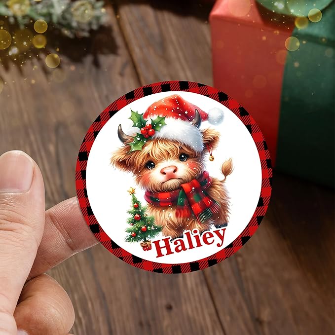 Personalized Christmas Stickers - Custom Name Waterproof Christmas Gift Tags for Gift Box Xmas Holiday Decorations Party Favors - 30 Stickers (Cow)