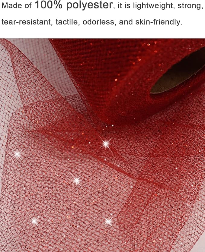 Glitter Tulle Fabric Rolls, 6 Inch 50 Yards (150ft) Sparkling Spool Ribbon Sequin Netting for Tutu Skirt Gift Wrapping Wedding Party Decoration (Red)