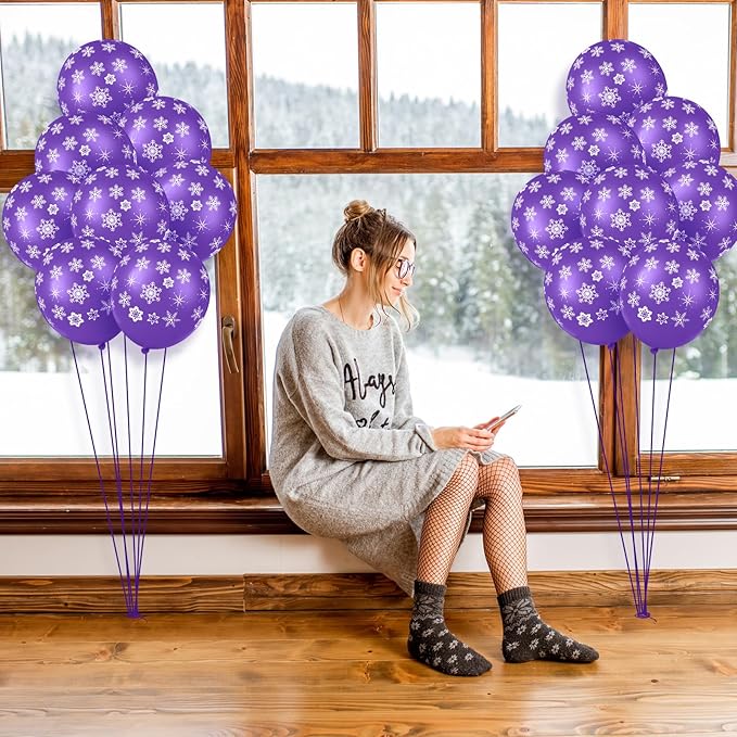 Skylety 40 Pieces Snowflake Balloons Bulk Winter Transparent Snowflake Latex Balloons for Christmas Birthday Wedding Party Decorations(Purple)