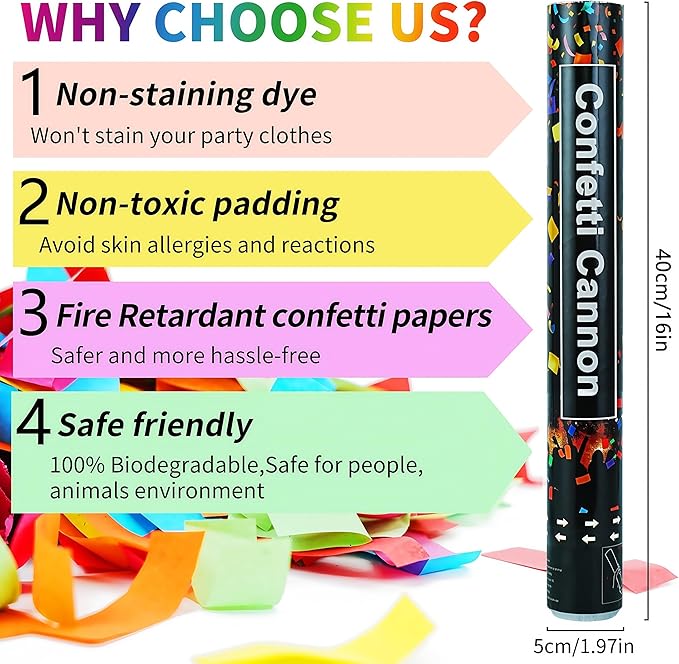 16in Biodegradable Confetti Poppers,Confetti Cannons Bulk with Colorful Confettis Design for Ceremony Party Favor Supplies,Birthday Holiday,Halloween Thanksgiving,Christmas,New Year's Eve(2Pack)