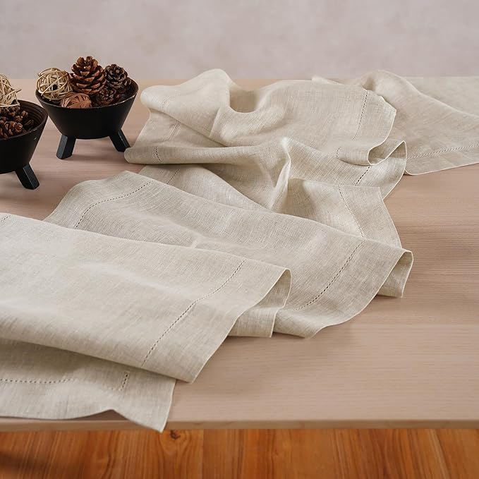Linen Light Natural Table Runner 90 Inches - 100% Pure Linen Cloth Fabric Hemstitch Table Runner 14 x 90 Inch for Dining, Dresser, Thanksgiving, Fall Christmas - Lino